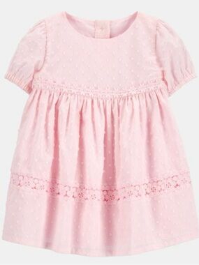 Girls' Pink Swiss Dot Lace Trim Dress